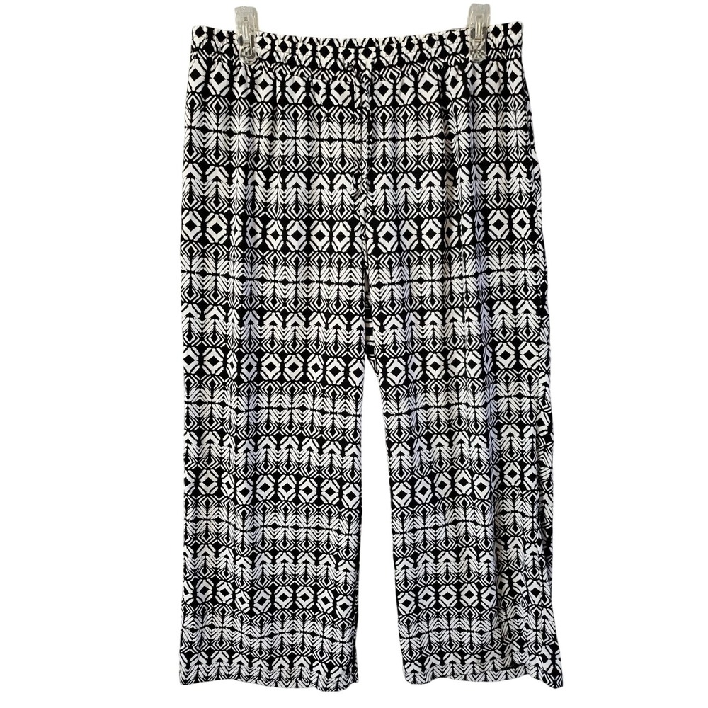 XL ROZ & ALI (Zac Rachel) black white batik print pull on relaxed leisure pants
